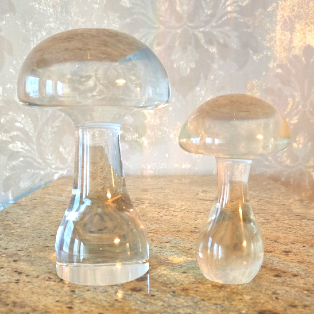 2 Clear Glass Mushroom Heavy Paperweights